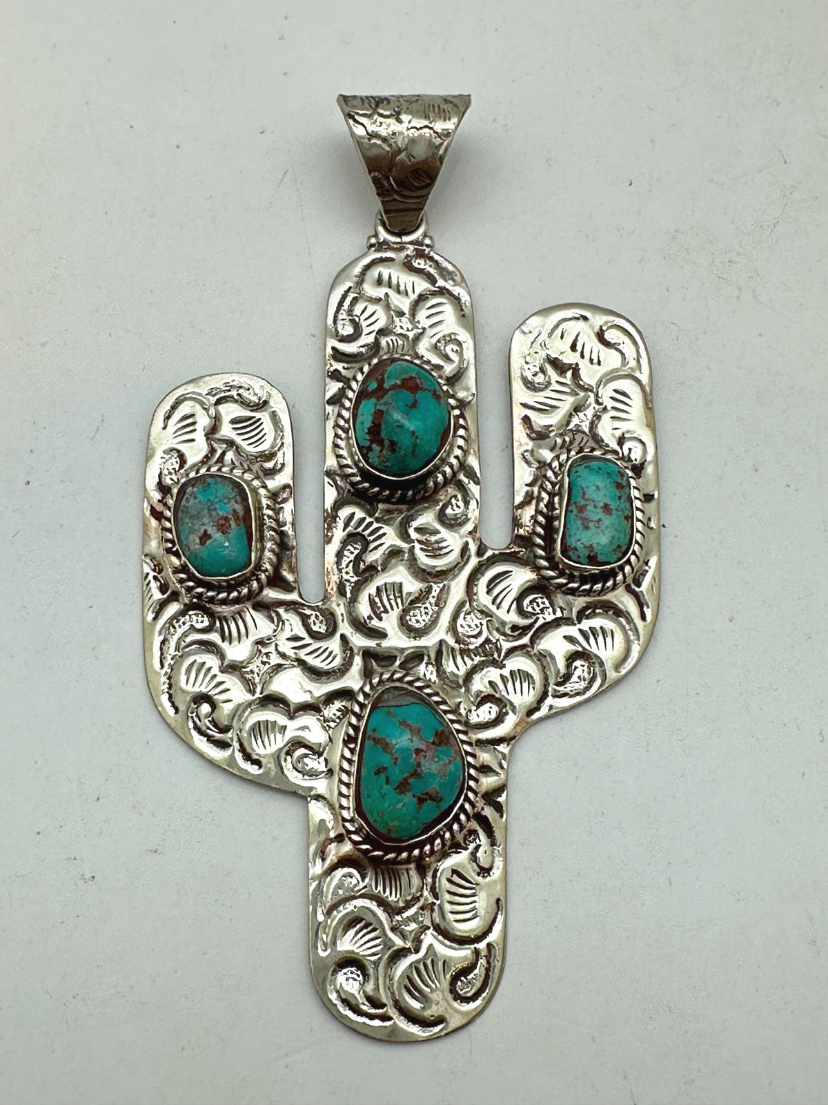 Cactus pendant,turquoise,handcrafted,tibetan silver, artisan jewelry,46.4mmX87.9mm