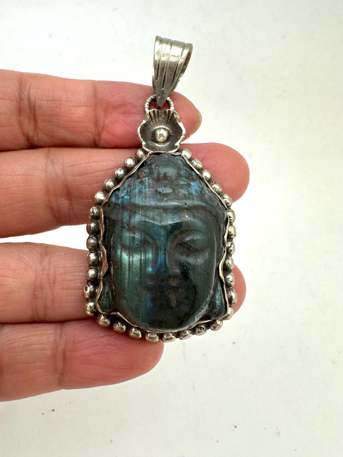 Buddha pendant, labradorite carved, handcrafted,Tibetan silver,spiritual,meditation, amulet,58mmX29mm