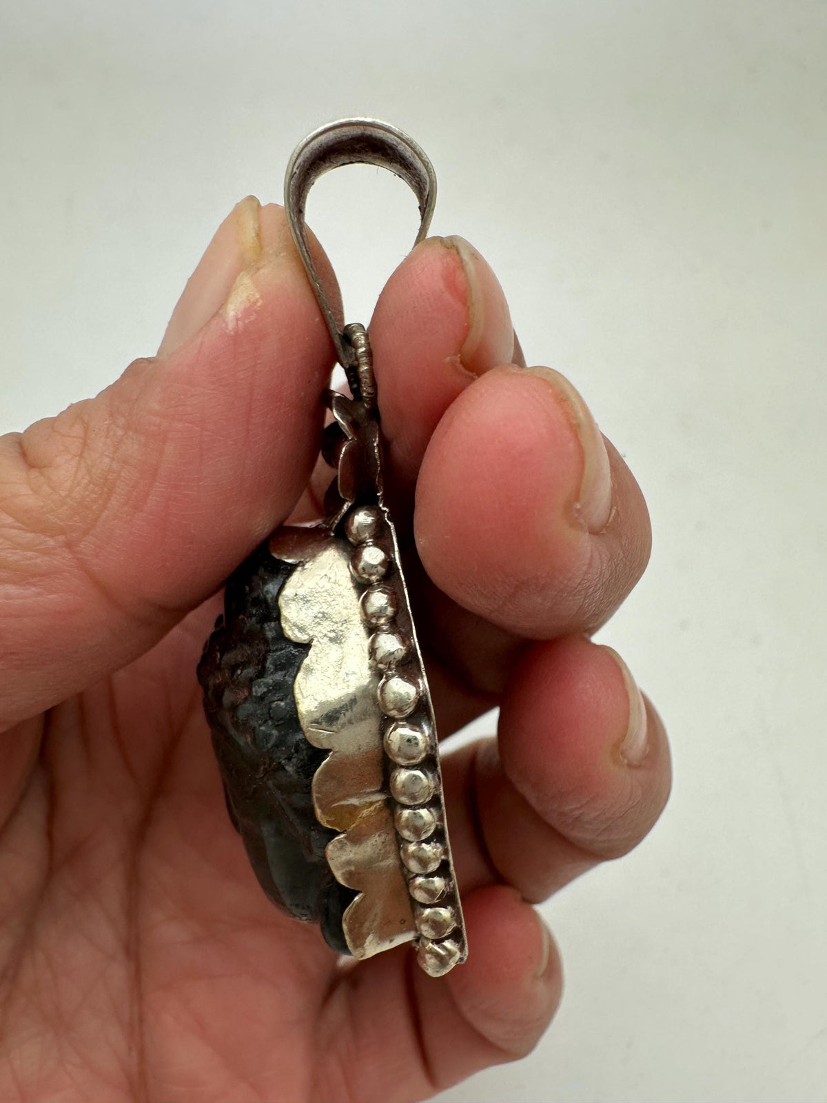 Buddha pendant, labradorite carved, handcrafted,Tibetan silver,spiritual,meditation, amulet,58mmX29mm