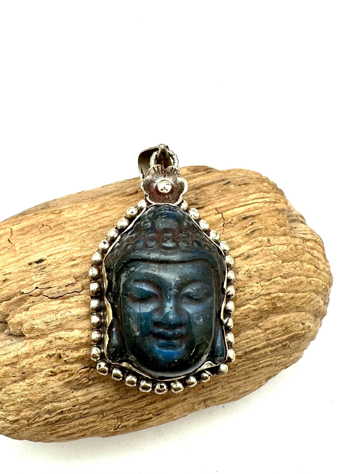 Buddha pendant, labradorite carved, handcrafted,Tibetan silver,spiritual,meditation, amulet,58mmX29mm