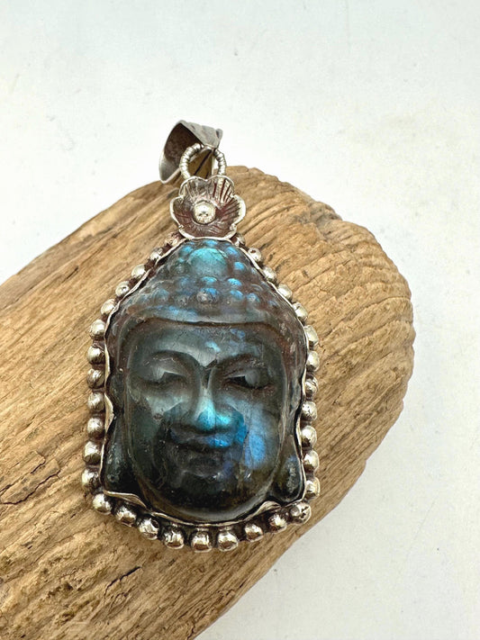 Buddha pendant, labradorite carved, handcrafted,Tibetan silver,spiritual,meditation, amulet,58mmX29mm