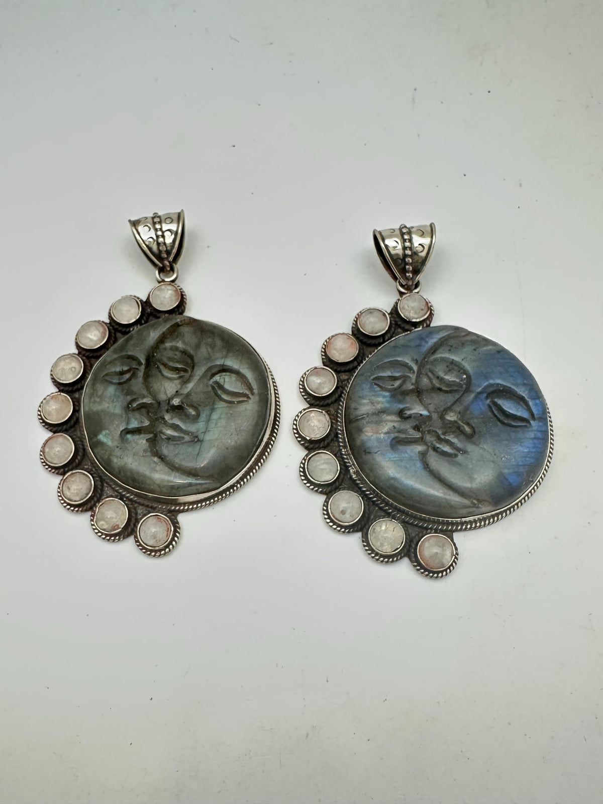 Labradorite carved sun and moon face pendant, moonstone,handcrafted,tibetan silver,78mmX53.9mm