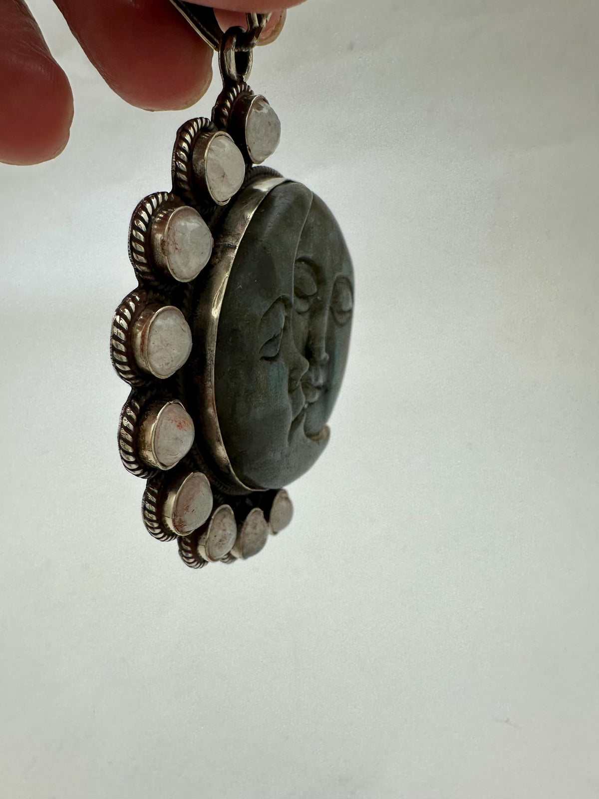Labradorite carved sun and moon face pendant, moonstone,handcrafted,tibetan silver,78mmX53.9mm
