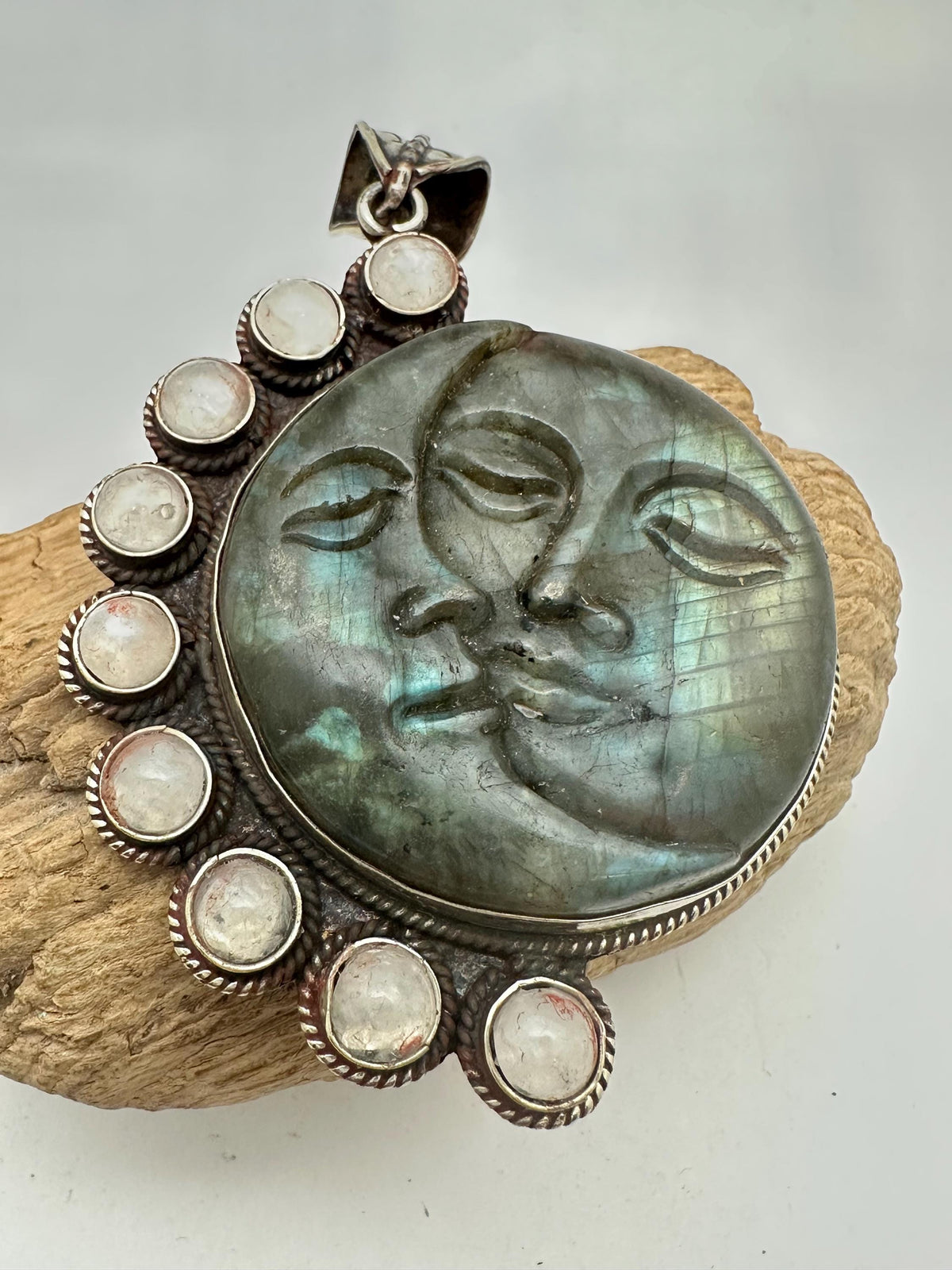 Labradorite carved sun and moon face pendant, moonstone,handcrafted,tibetan silver,78mmX53.9mm
