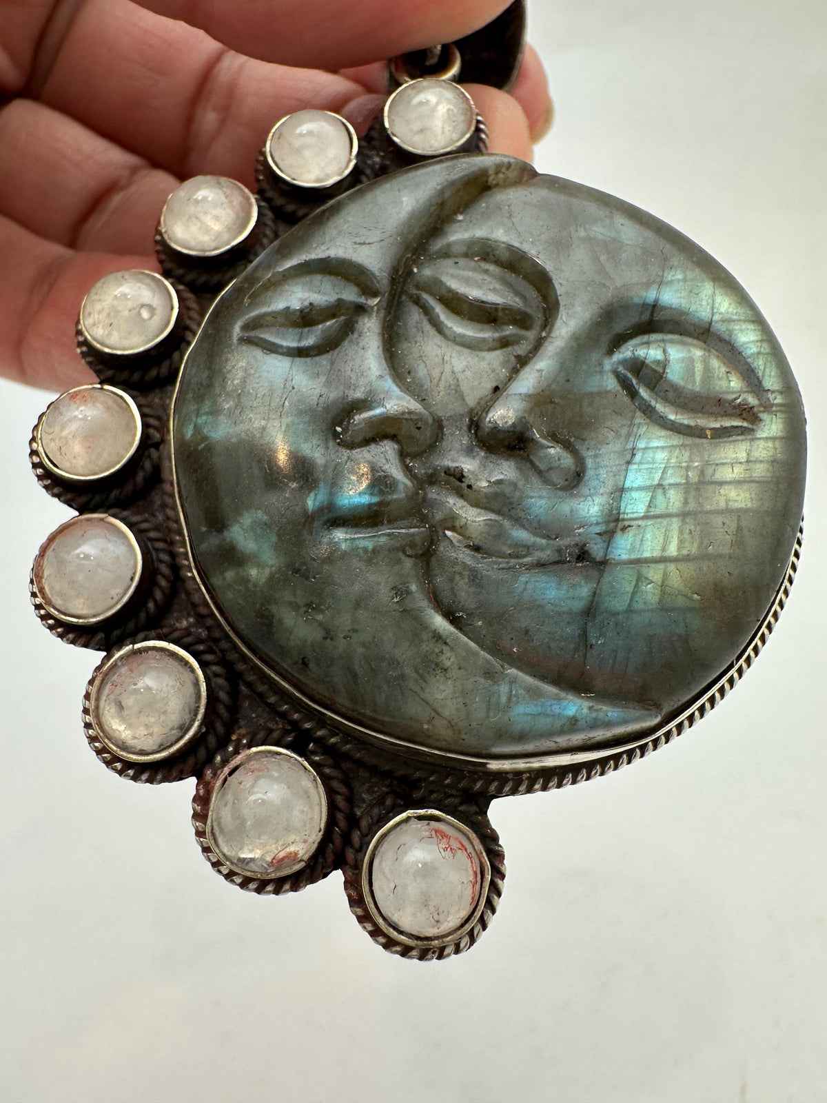 Labradorite carved sun and moon face pendant, moonstone,handcrafted,tibetan silver,78mmX53.9mm