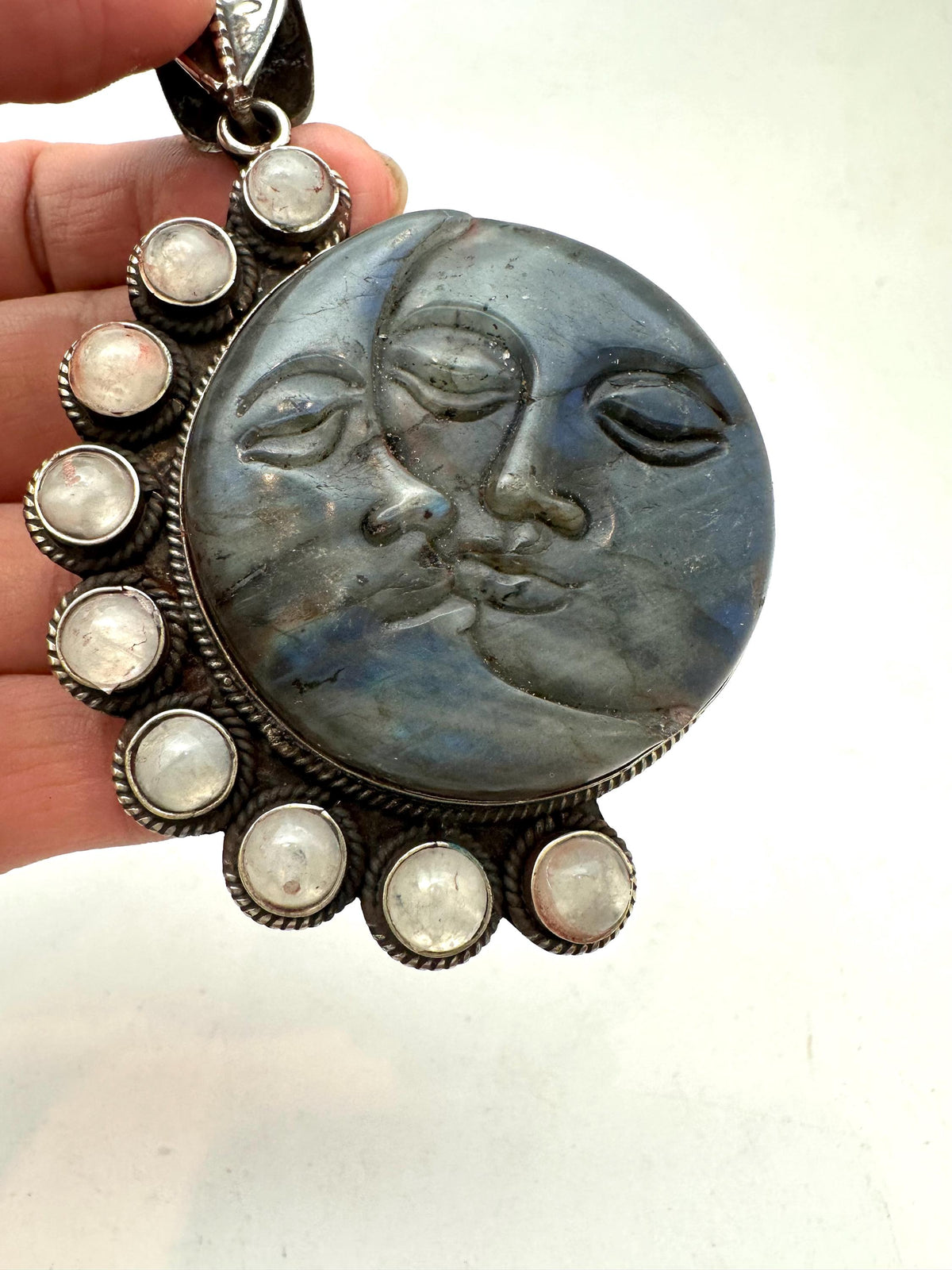 Labradorite carved sun and moon face pendant, moonstone,handcrafted,tibetan silver,78mmX53.9mm