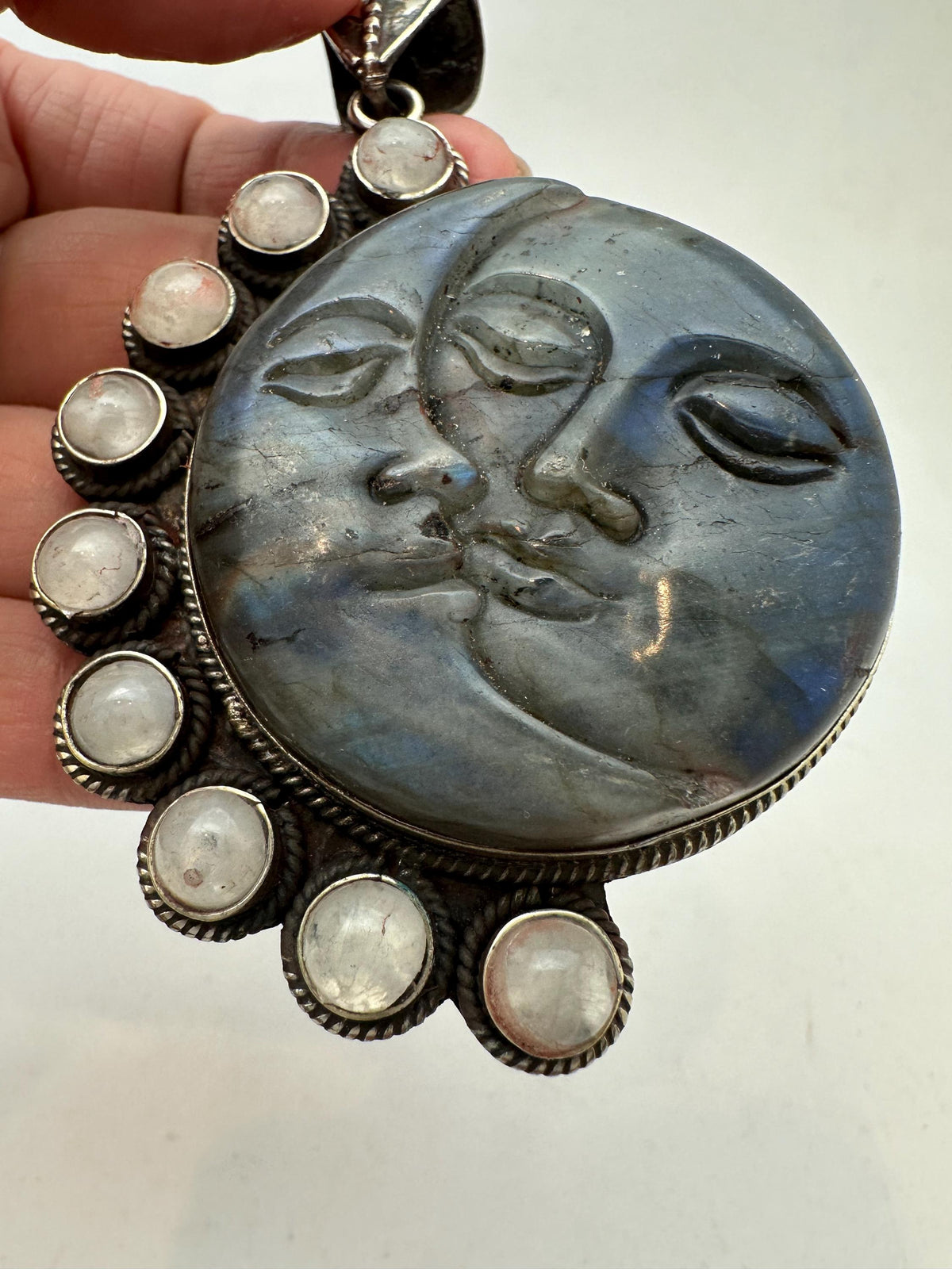 Labradorite carved sun and moon face pendant, moonstone,handcrafted,tibetan silver,78mmX53.9mm