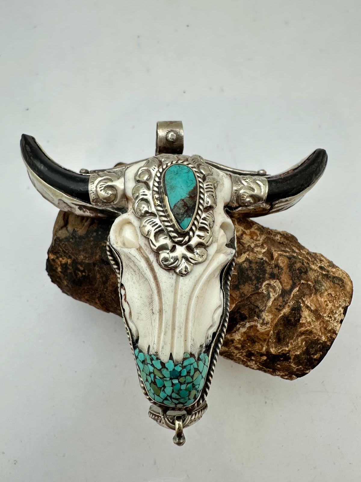 Bone carved bull head skull pendant, handcrafted, turquoise, Tibetan silver, ethnic style