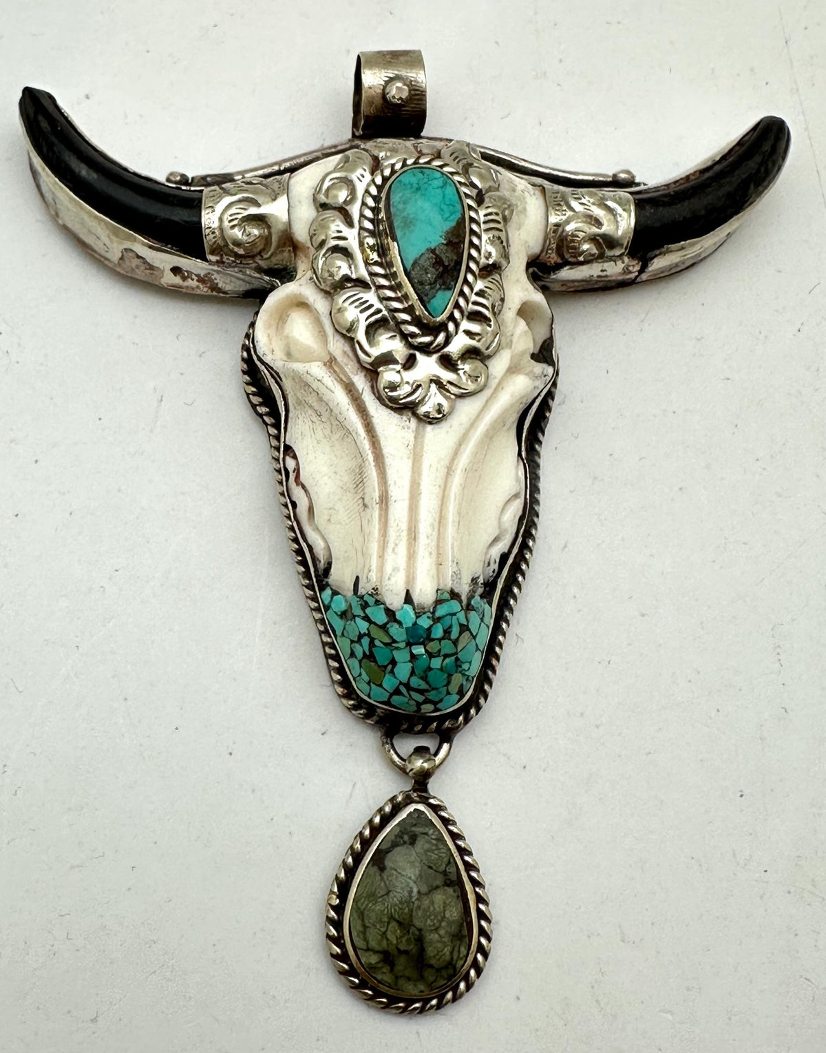 Bone carved bull head skull pendant, handcrafted, turquoise, Tibetan silver, ethnic style