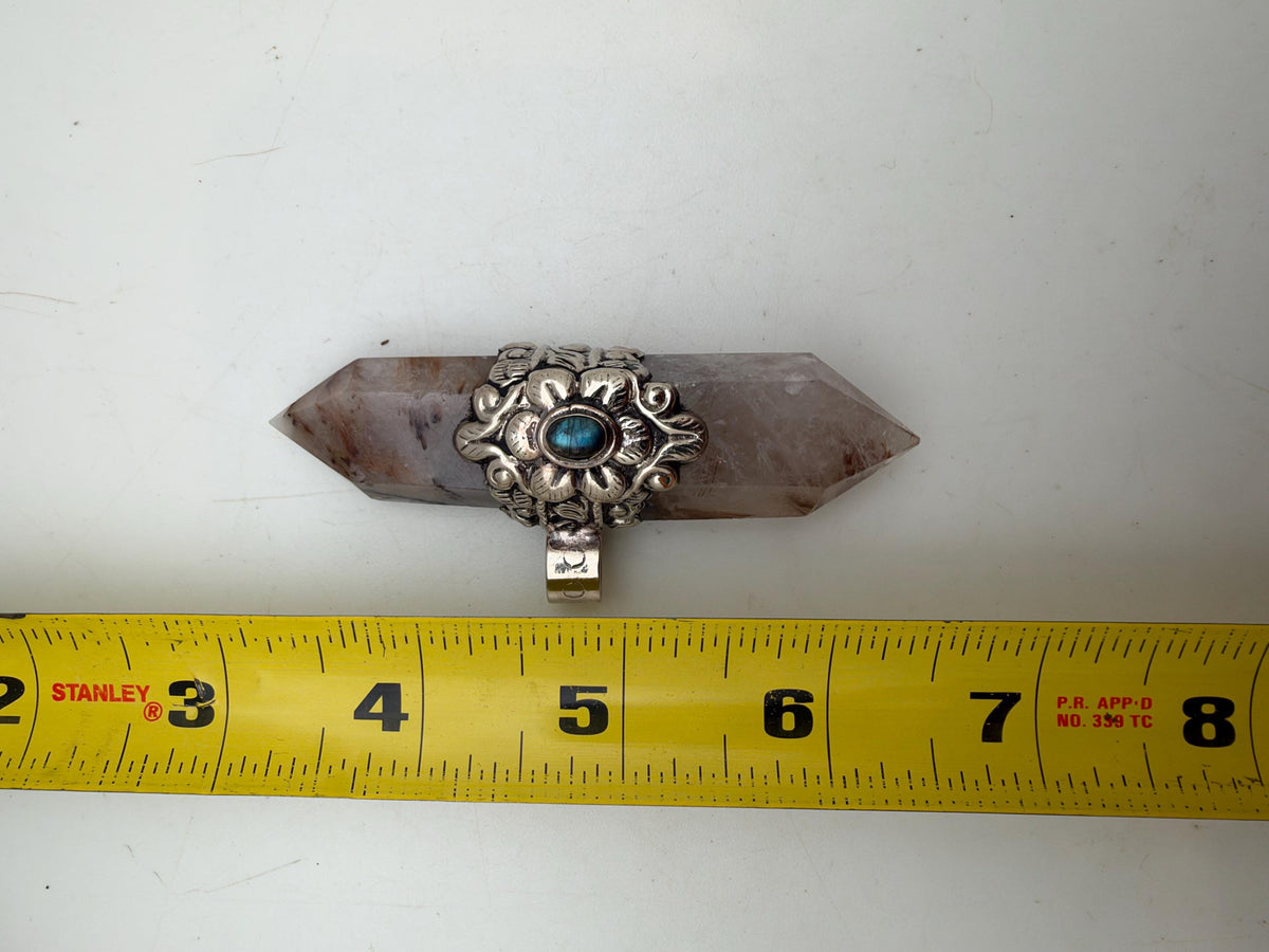 Natural rutilated quartz pendant, set with labradorite, healing stone