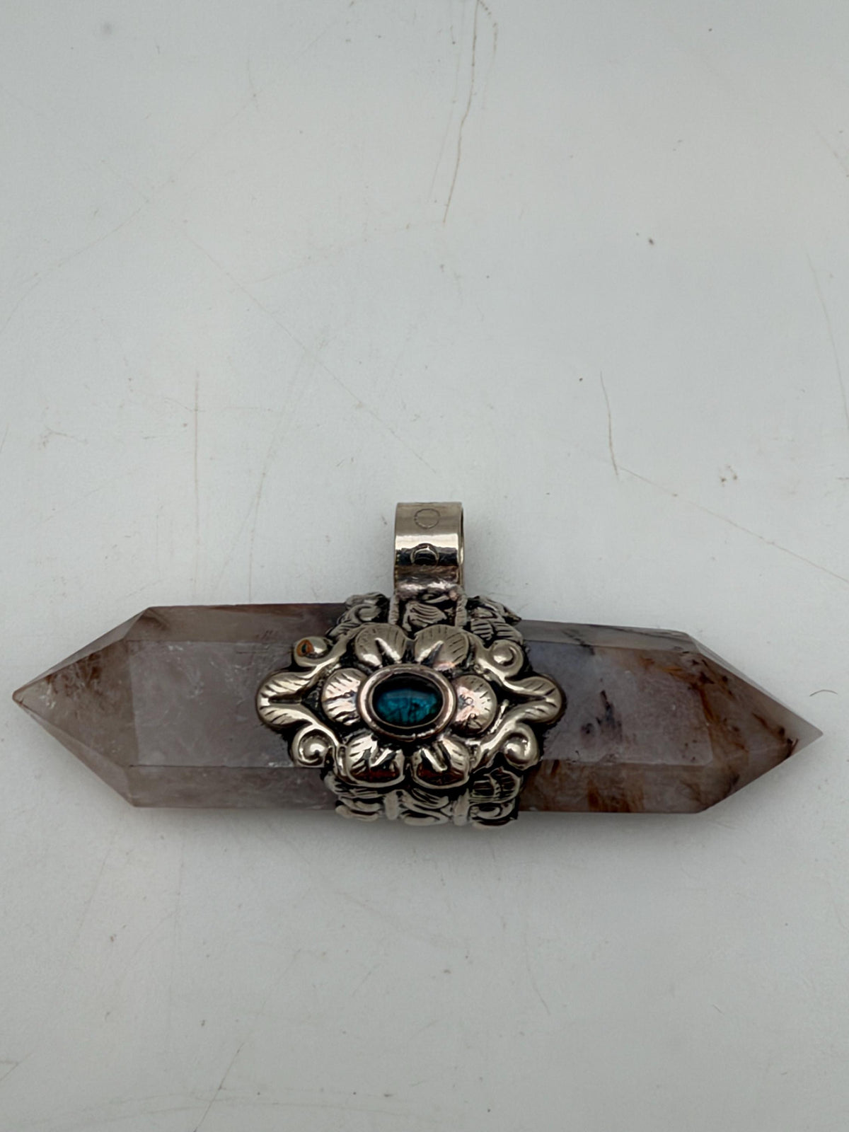 Natural rutilated quartz pendant, set with labradorite, healing stone