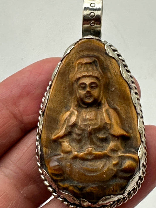 Tiger eye carved Kwan yin, Quan yin Buddha pendant, handcrafted, tibetan silver, amulet Bodhisattva,,55X30mm