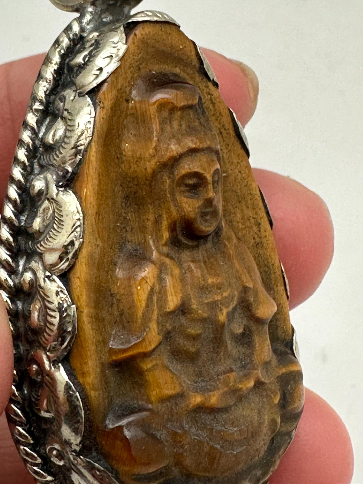 Tiger eye carved Kwan yin, Quan yin Buddha pendant, handcrafted, tibetan silver, amulet Bodhisattva,,55X30mm