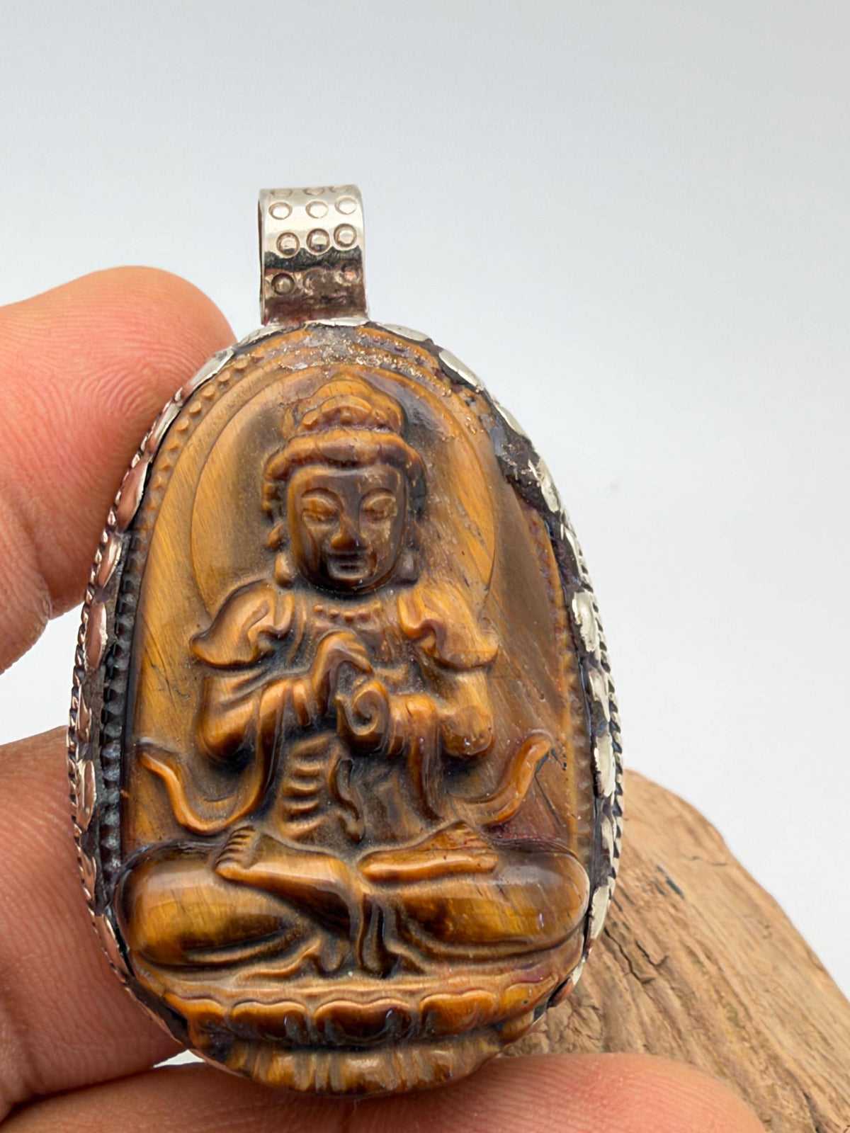 Tiger eye stone Buddha , master handcrafted with Tibetan silver