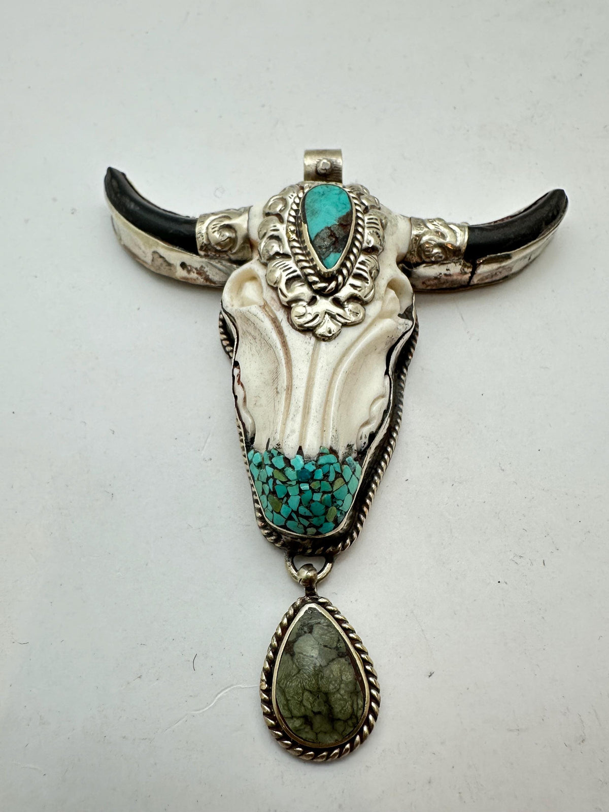 Bone carved bull head skull pendant, handcrafted, turquoise, Tibetan silver, ethnic style
