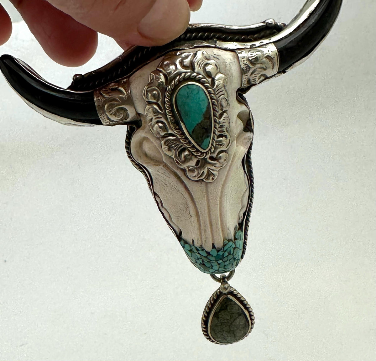 Bone carved bull head skull pendant, handcrafted, turquoise, Tibetan silver, ethnic style