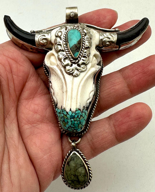 Bone carved bull head skull pendant, handcrafted, turquoise, Tibetan silver, ethnic style