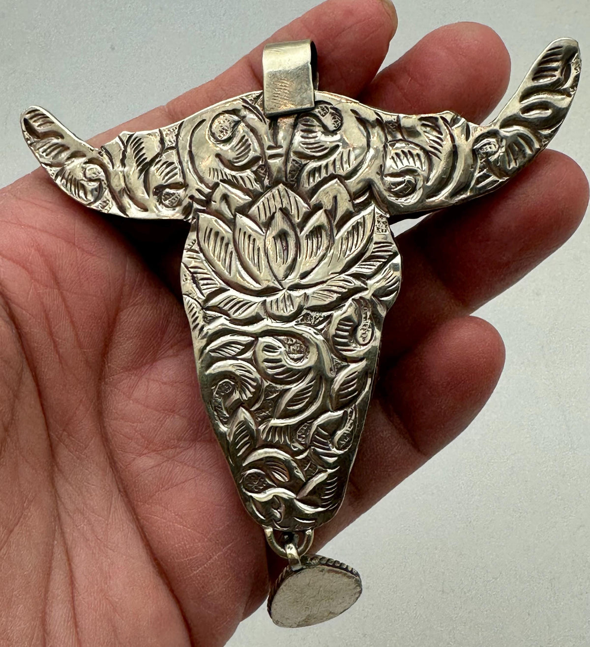 Bone carved bull head skull pendant, handcrafted, turquoise, Tibetan silver, ethnic style