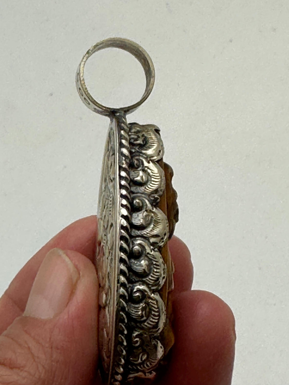 Tiger eye carved Kwan yin, Quan yin Buddha pendant, handcrafted, tibetan silver, amulet Bodhisattva,,55X30mm