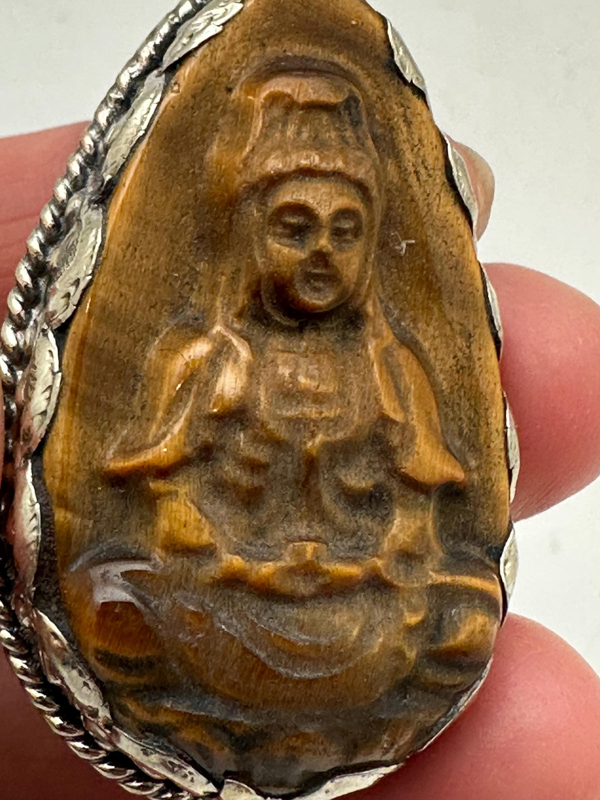 Tiger eye carved Kwan yin, Quan yin Buddha pendant, handcrafted, tibetan silver, amulet Bodhisattva,,55X30mm