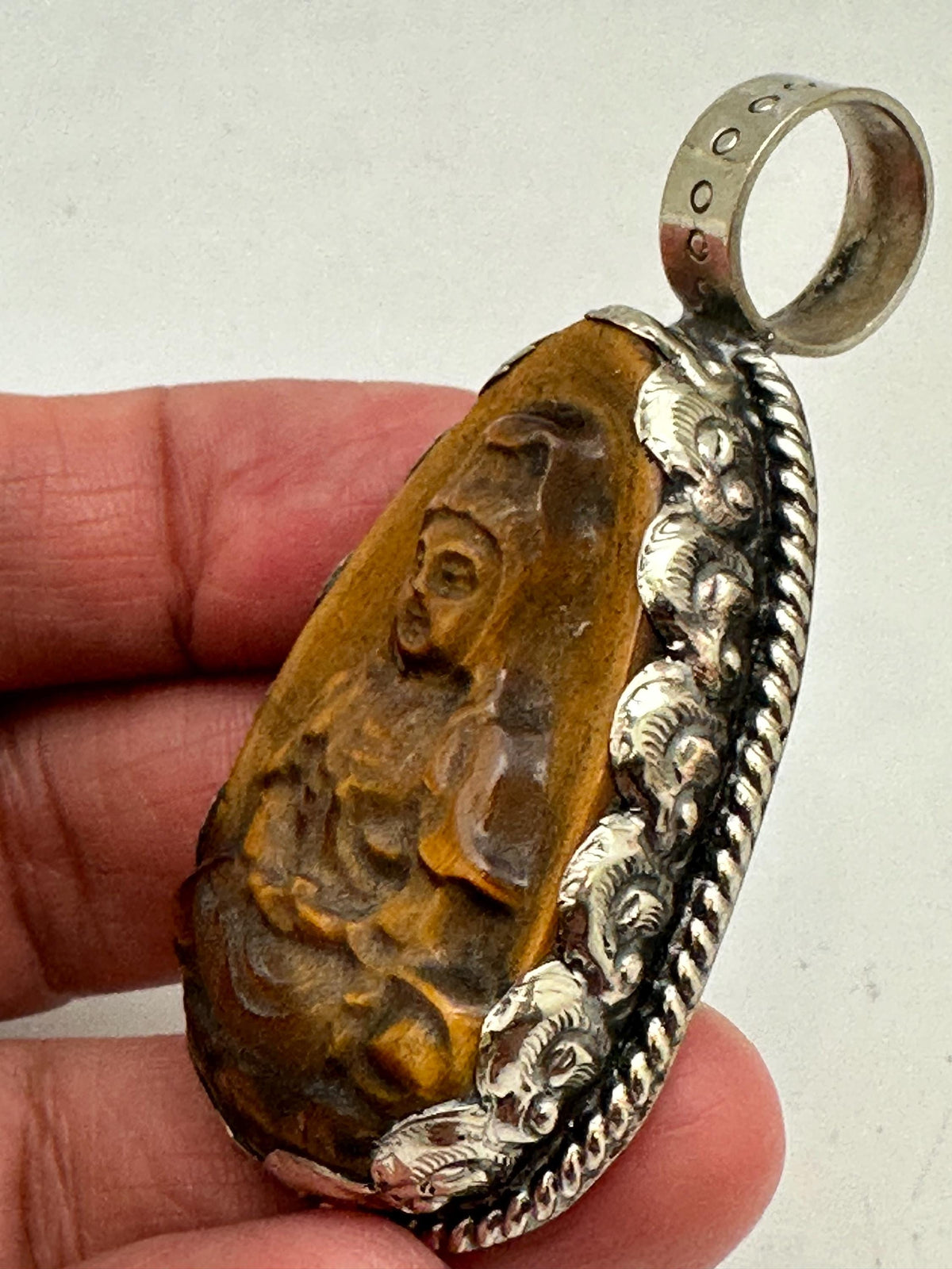 Tiger eye carved Kwan yin, Quan yin Buddha pendant, handcrafted, tibetan silver, amulet Bodhisattva,,55X30mm