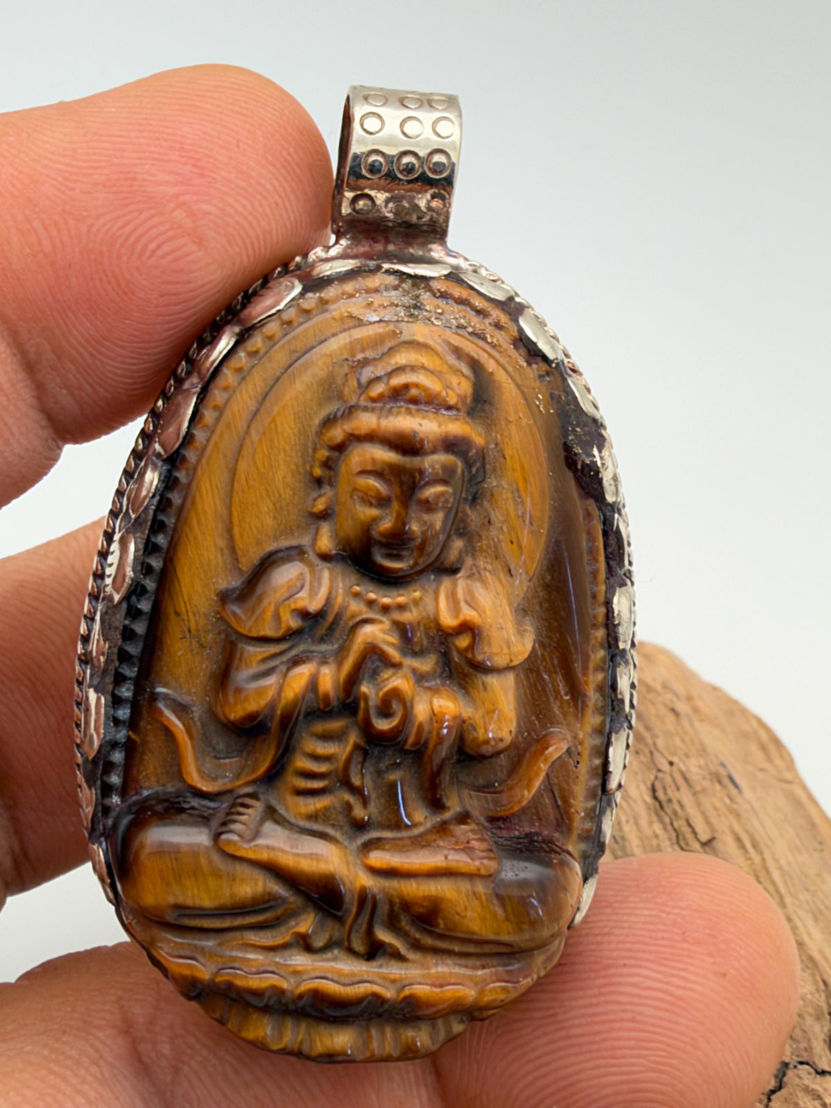 Tiger eye stone Buddha , master handcrafted with Tibetan silver