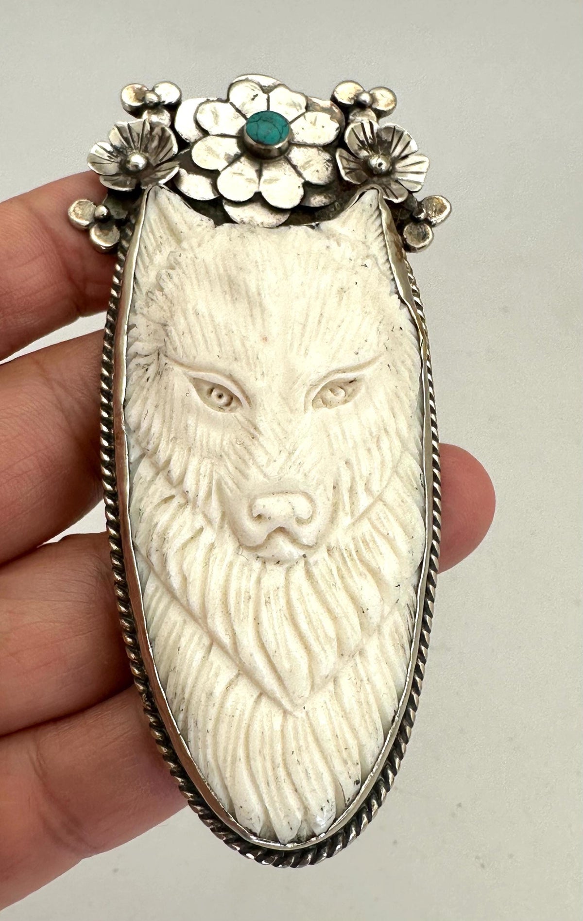 Bone carved wolf pendant, handcrafted, Tibetan silver,floral design, turquoise