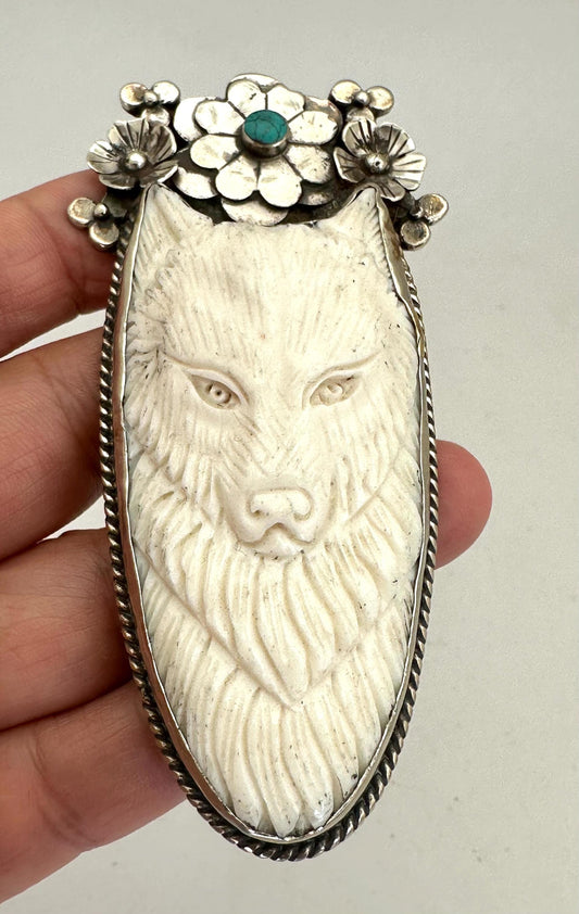 Bone carved wolf pendant, handcrafted, Tibetan silver,floral design, turquoise