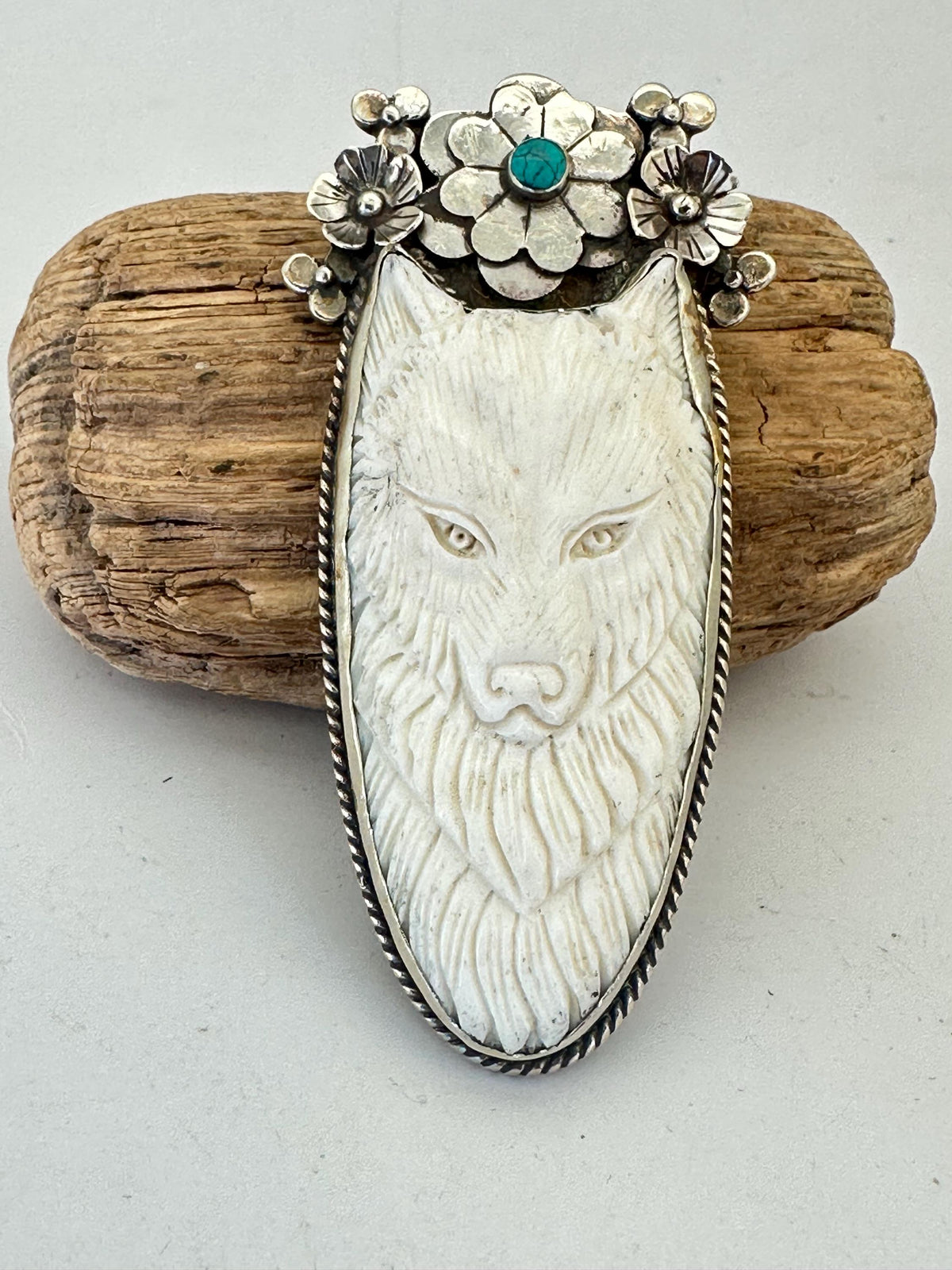 Bone carved wolf pendant, handcrafted, Tibetan silver,floral design, turquoise