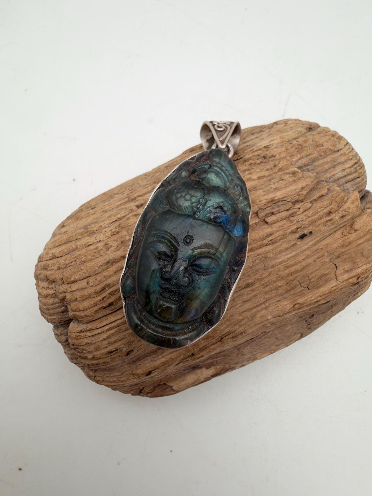 Labradorite Kwan Yin Pendant, Handcrafted, sterling silver