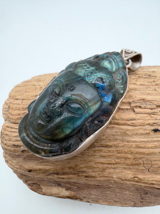 Labradorite Kwan Yin Pendant, Handcrafted, sterling silver
