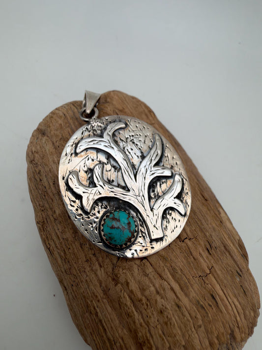 9.25 sterling silver with Tibetan turquoise, medicine plant design, from nepal