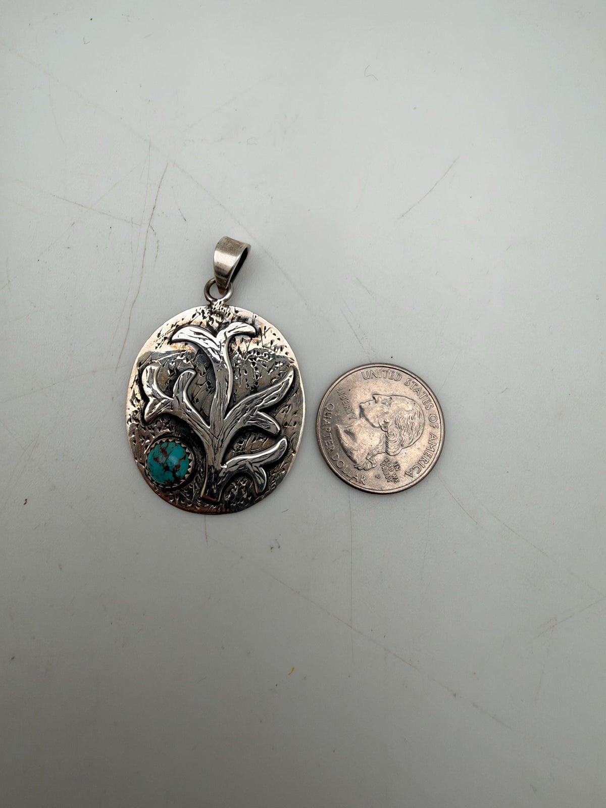 9.25 sterling silver with Tibetan turquoise, medicine plant design, from nepal