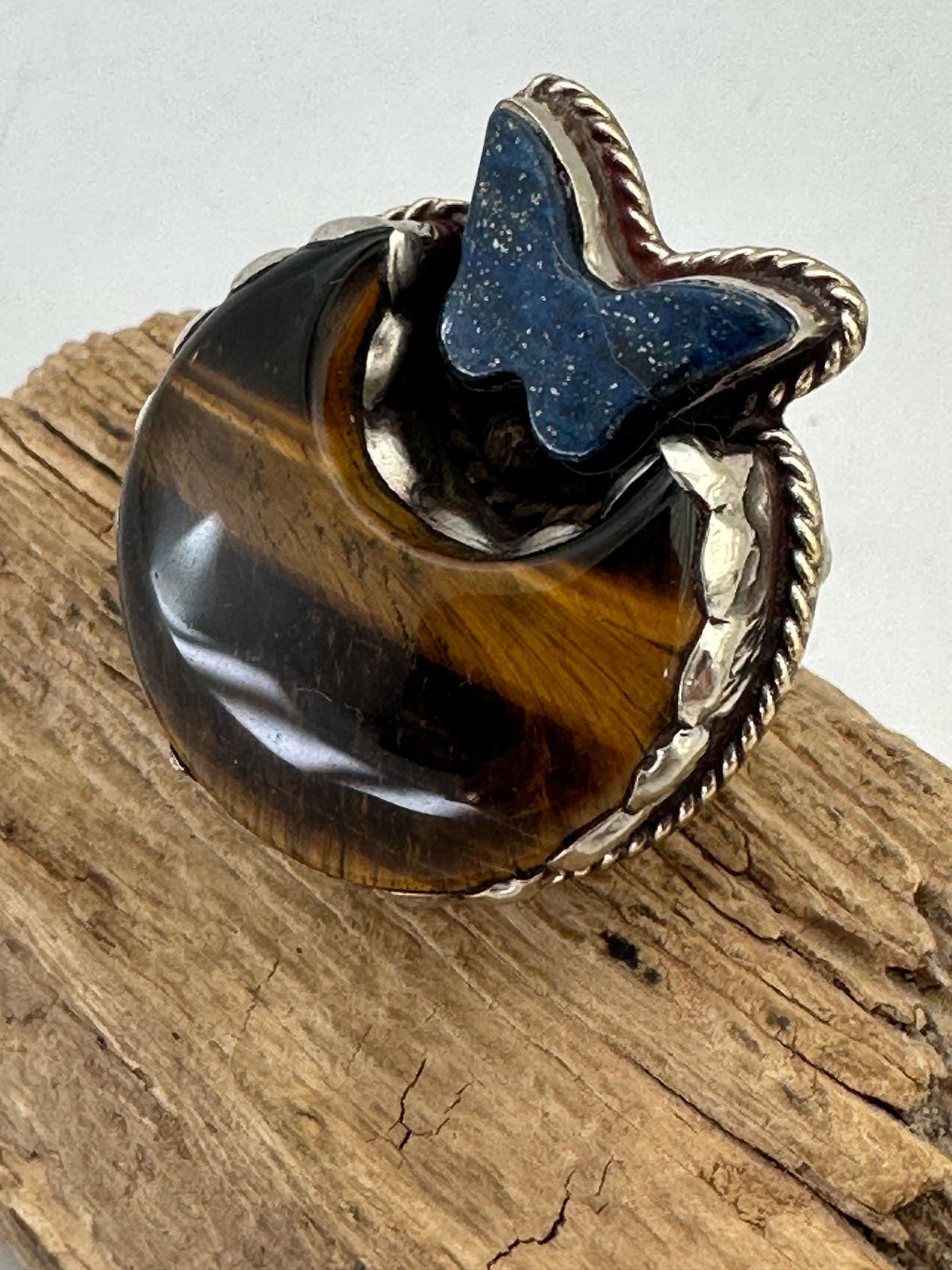 Tigereye ring,lapis lazuli butterfly,handcrafted, Tibetan silver,ethnic style,adjustable