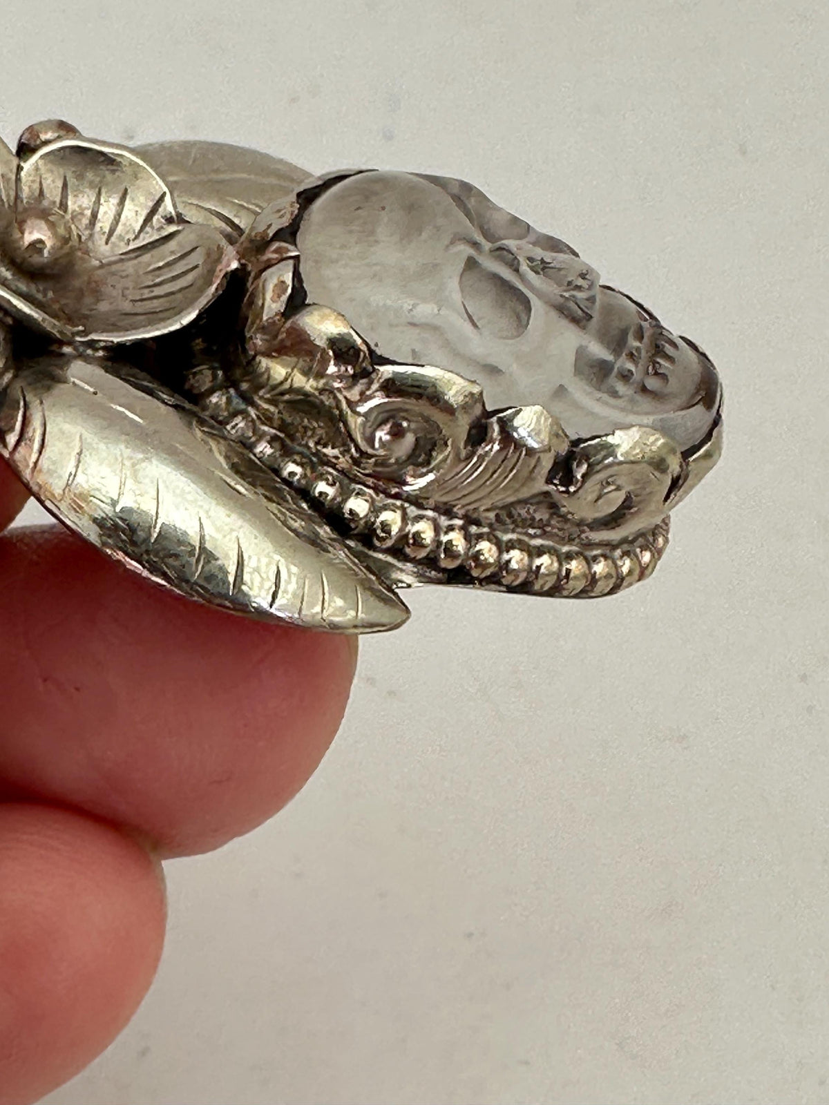 Skull pendant, quartz crystal, handcrafted,floral pendant , Tibetan silver,ethnic style,41mmX26mm