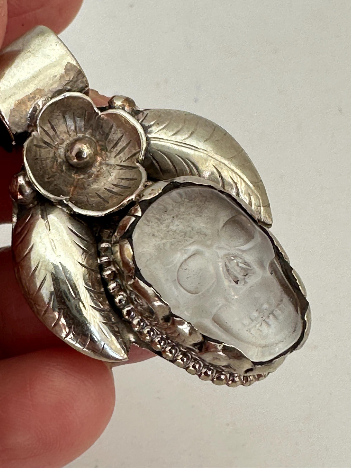 Skull pendant, quartz crystal, handcrafted,floral pendant , Tibetan silver,ethnic style,41mmX26mm