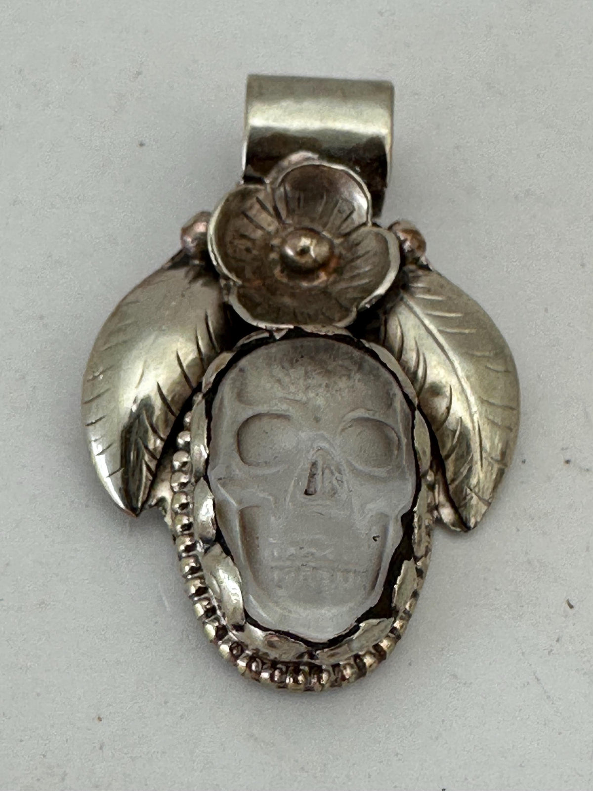 Skull pendant, quartz crystal, handcrafted,floral pendant , Tibetan silver,ethnic style,41mmX26mm