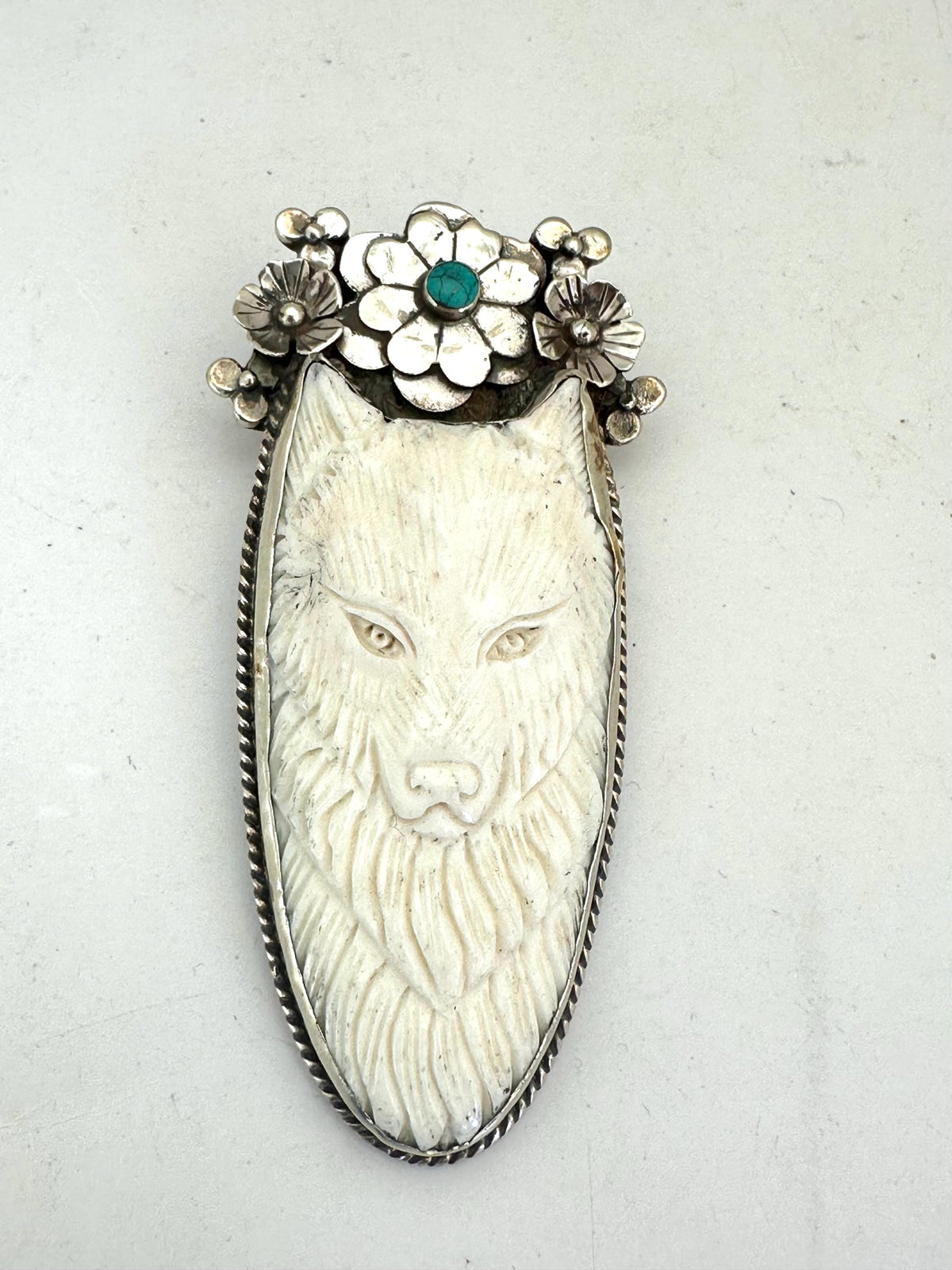 Bone carved wolf pendant, handcrafted, Tibetan silver,floral design, turquoise