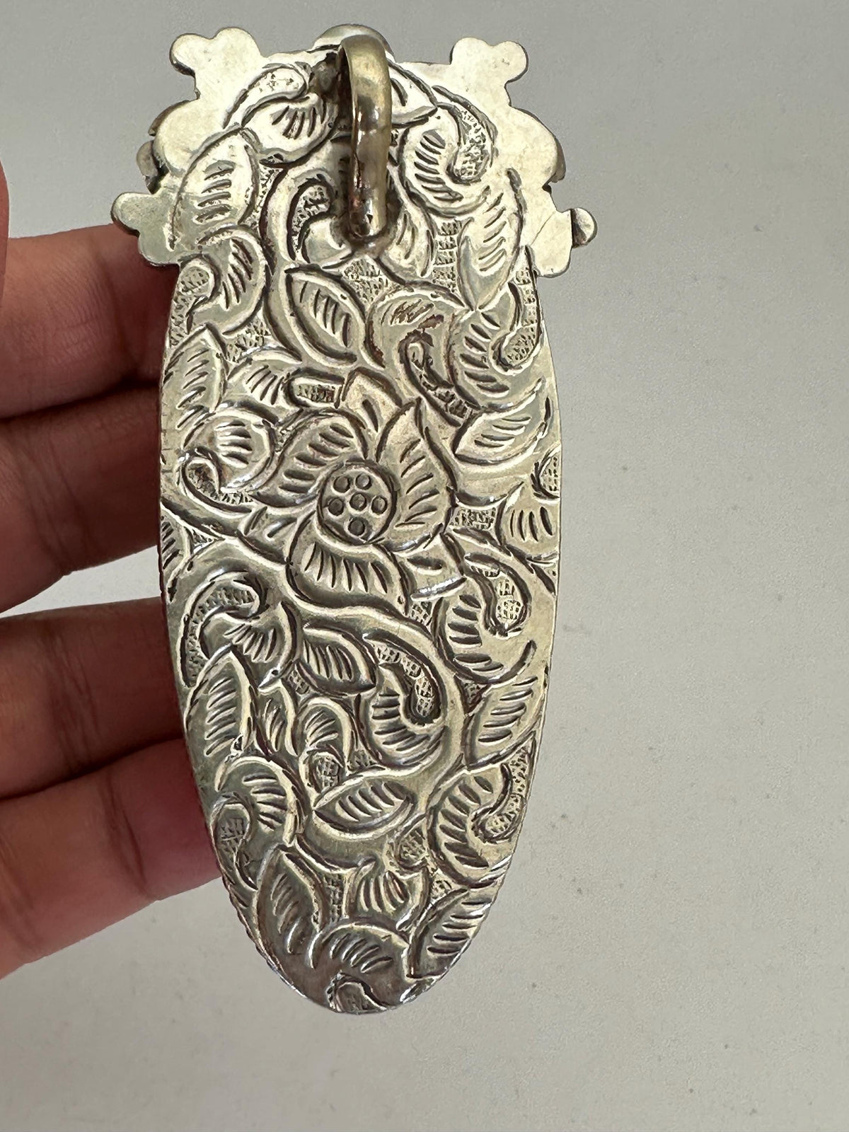 Bone carved wolf pendant, handcrafted, Tibetan silver,floral design, turquoise