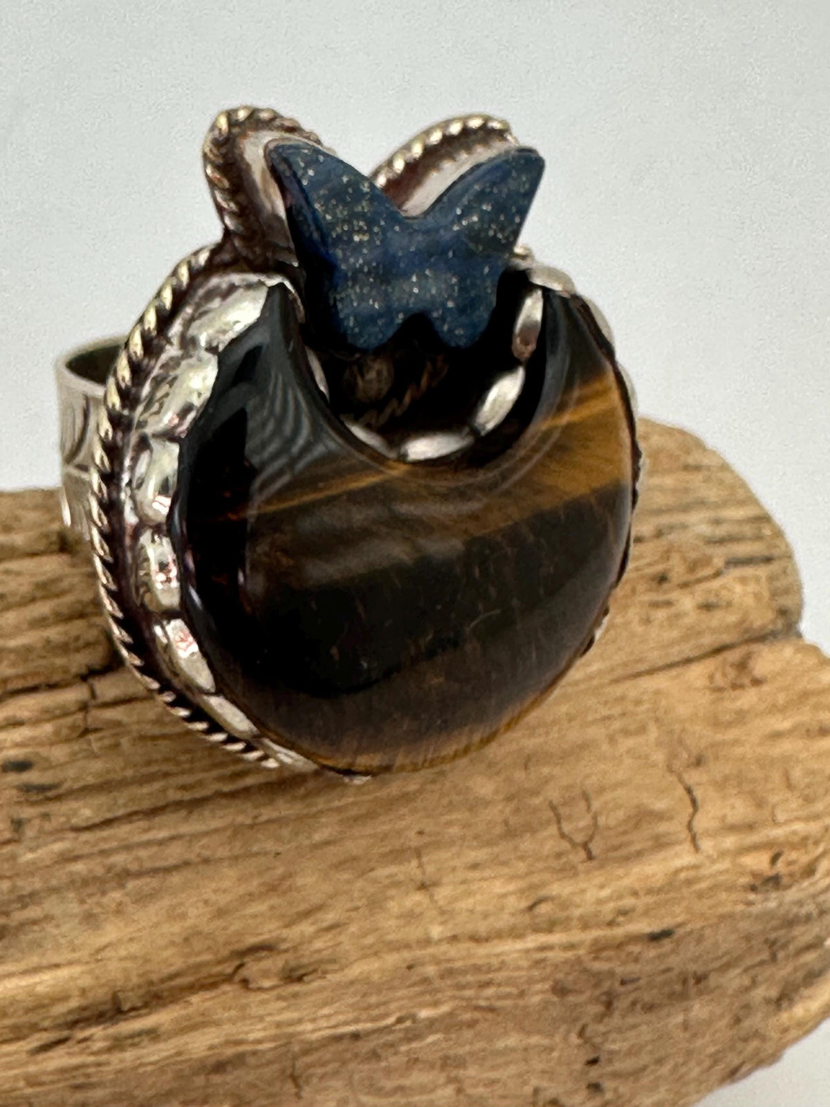 Tigereye ring,lapis lazuli butterfly,handcrafted, Tibetan silver,ethnic style,adjustable