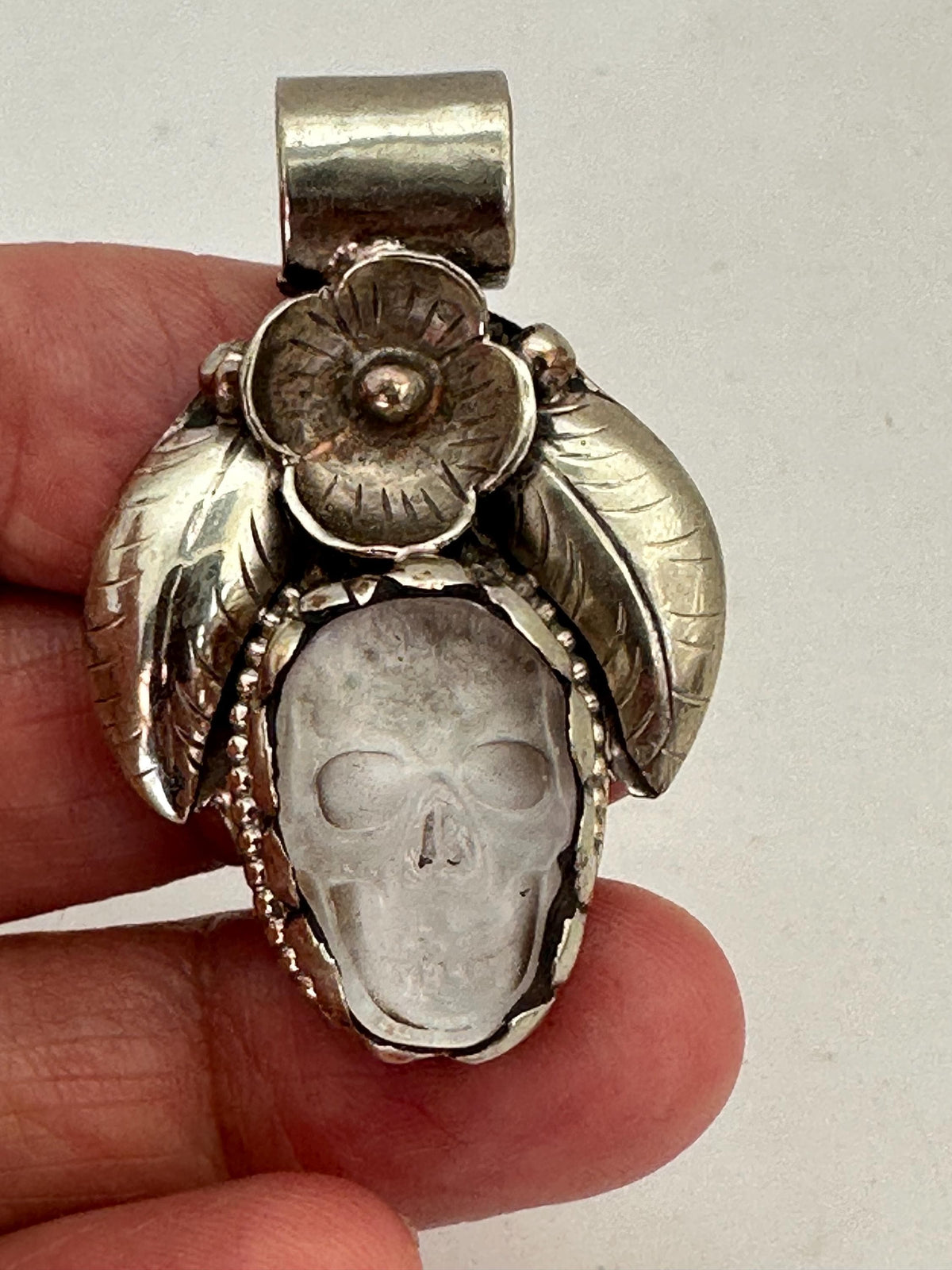 Skull pendant, quartz crystal, handcrafted,floral pendant , Tibetan silver,ethnic style,41mmX26mm