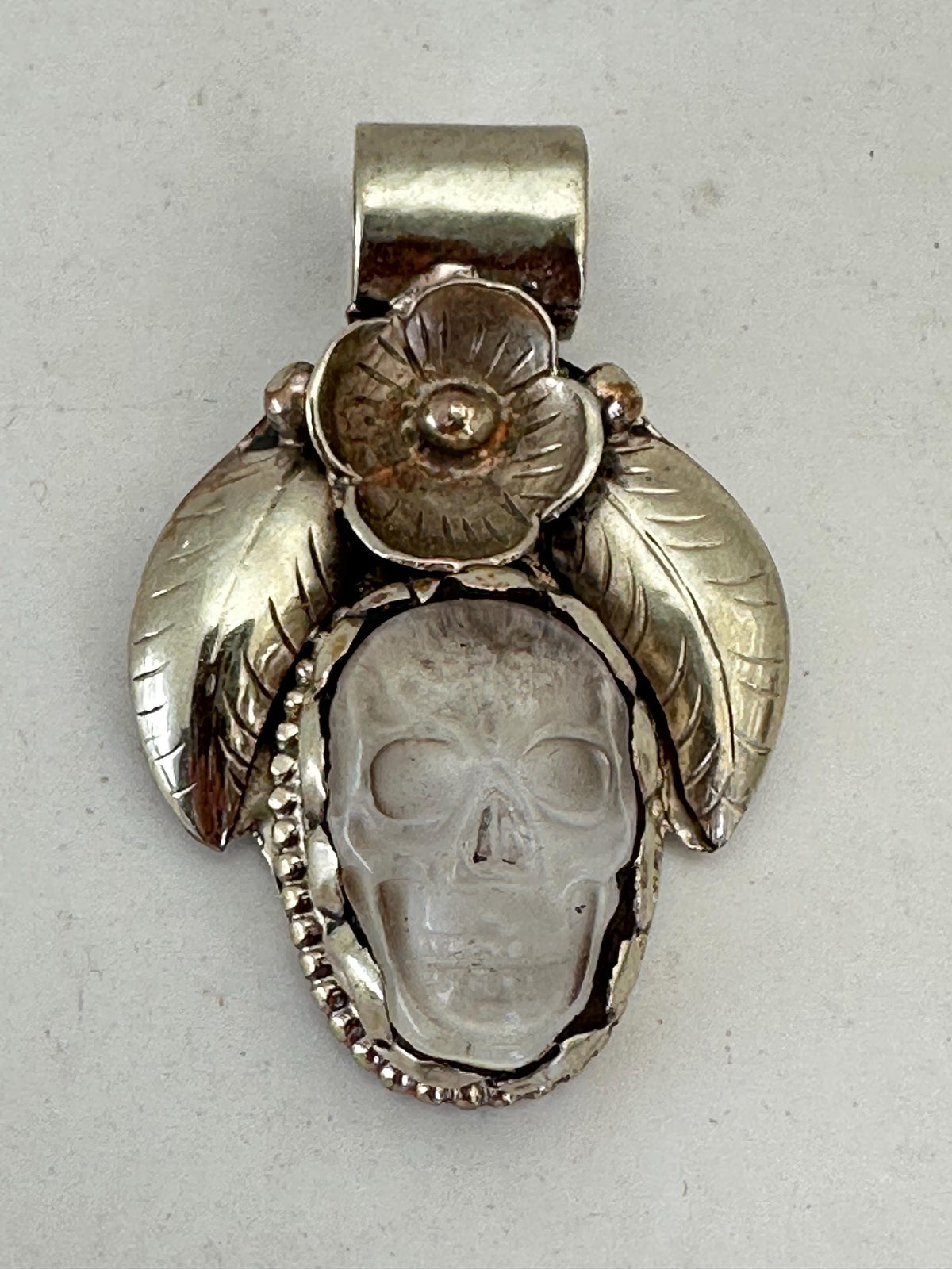 Skull pendant, quartz crystal, handcrafted,floral pendant , Tibetan silver,ethnic style,41mmX26mm
