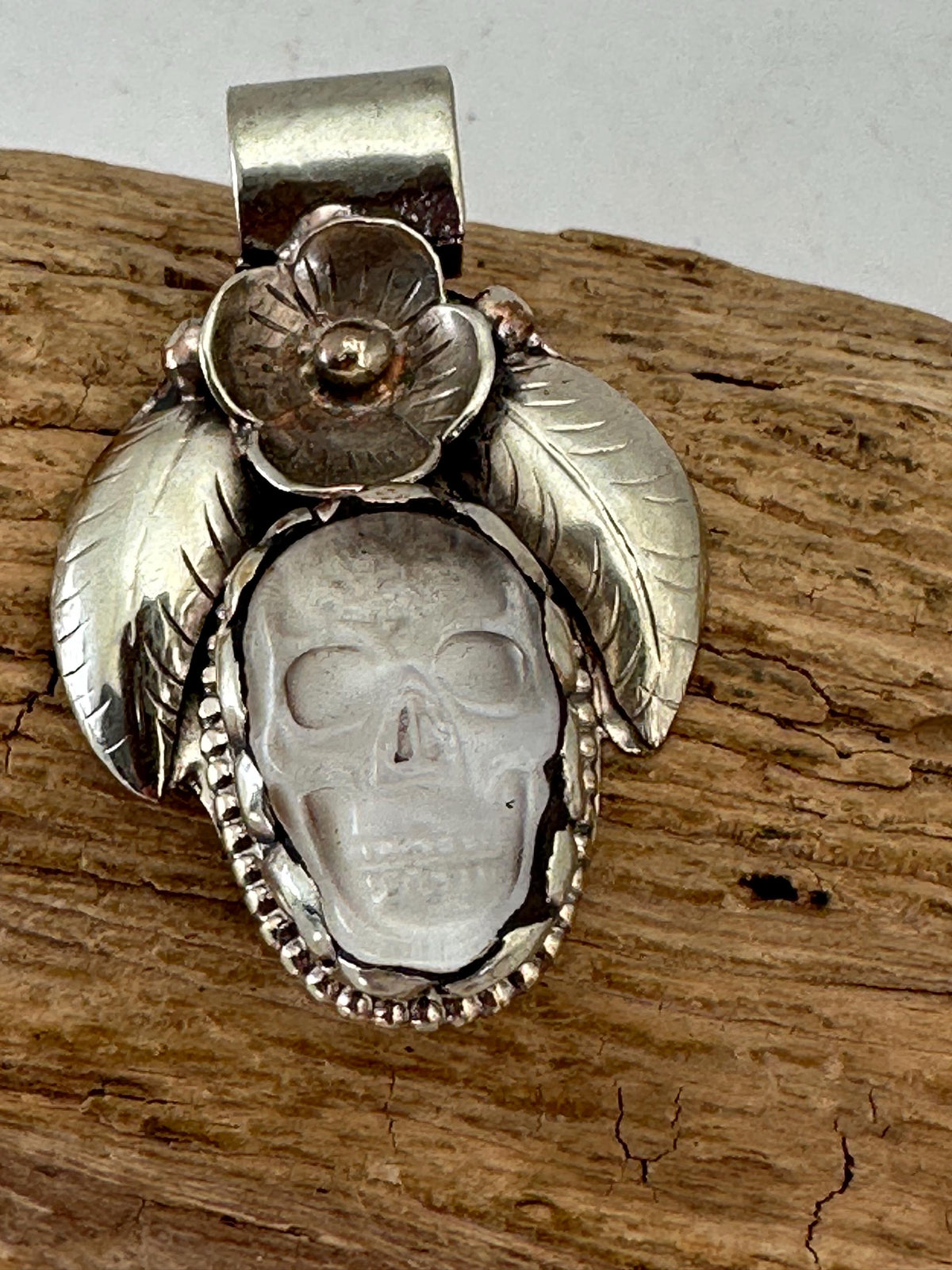 Skull pendant, quartz crystal, handcrafted,floral pendant , Tibetan silver,ethnic style,41mmX26mm