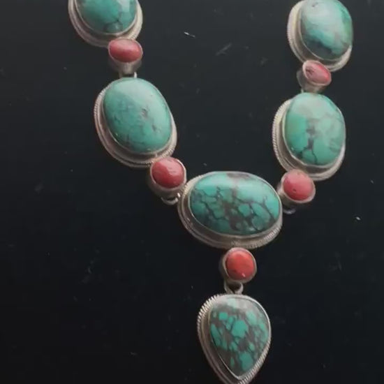 Tibetan turquoise necklace, natural turquoise and cot, sterling silver master handcrafted from nepal