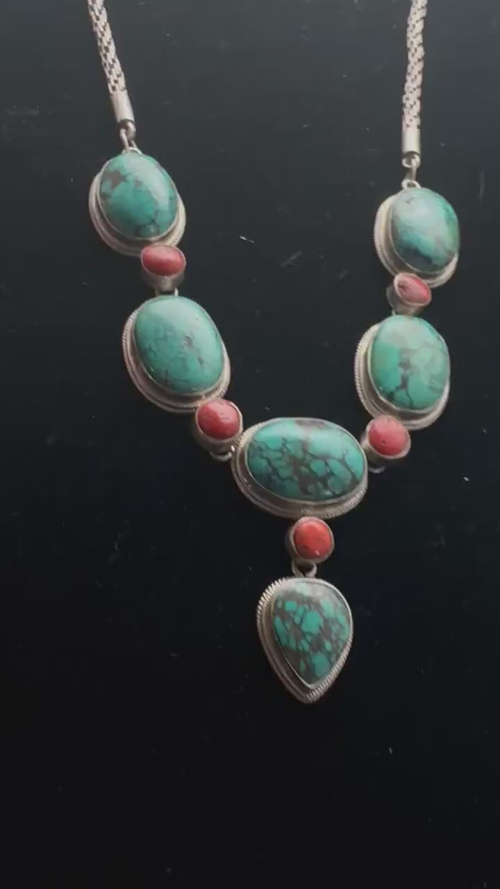 Tibetan turquoise necklace, natural turquoise and cot, sterling silver master handcrafted from nepal