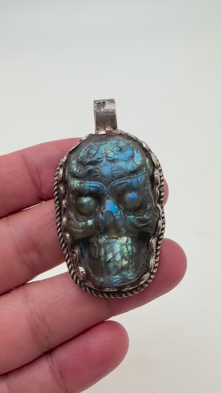 Labradorite carved skull pendant, handcrafted, Tibetan silver, ethnic style,Himalayan, Nepalese