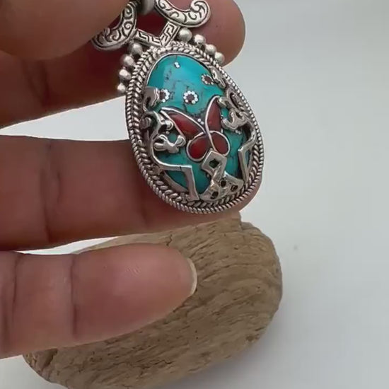 Tibetan turquoise butterfly pendant, coral inlay sterling silver, handcrafted, Tibetan design, Nepalese