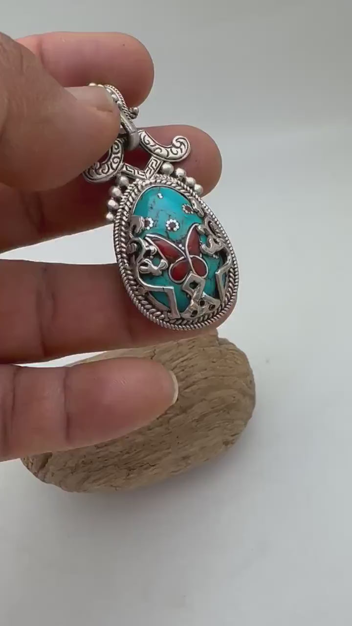 Tibetan turquoise butterfly pendant, coral inlay sterling silver, handcrafted, Tibetan design, Nepalese