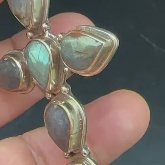 labradorite cross pendant, master handcrafted, Tibetan repousse silver,