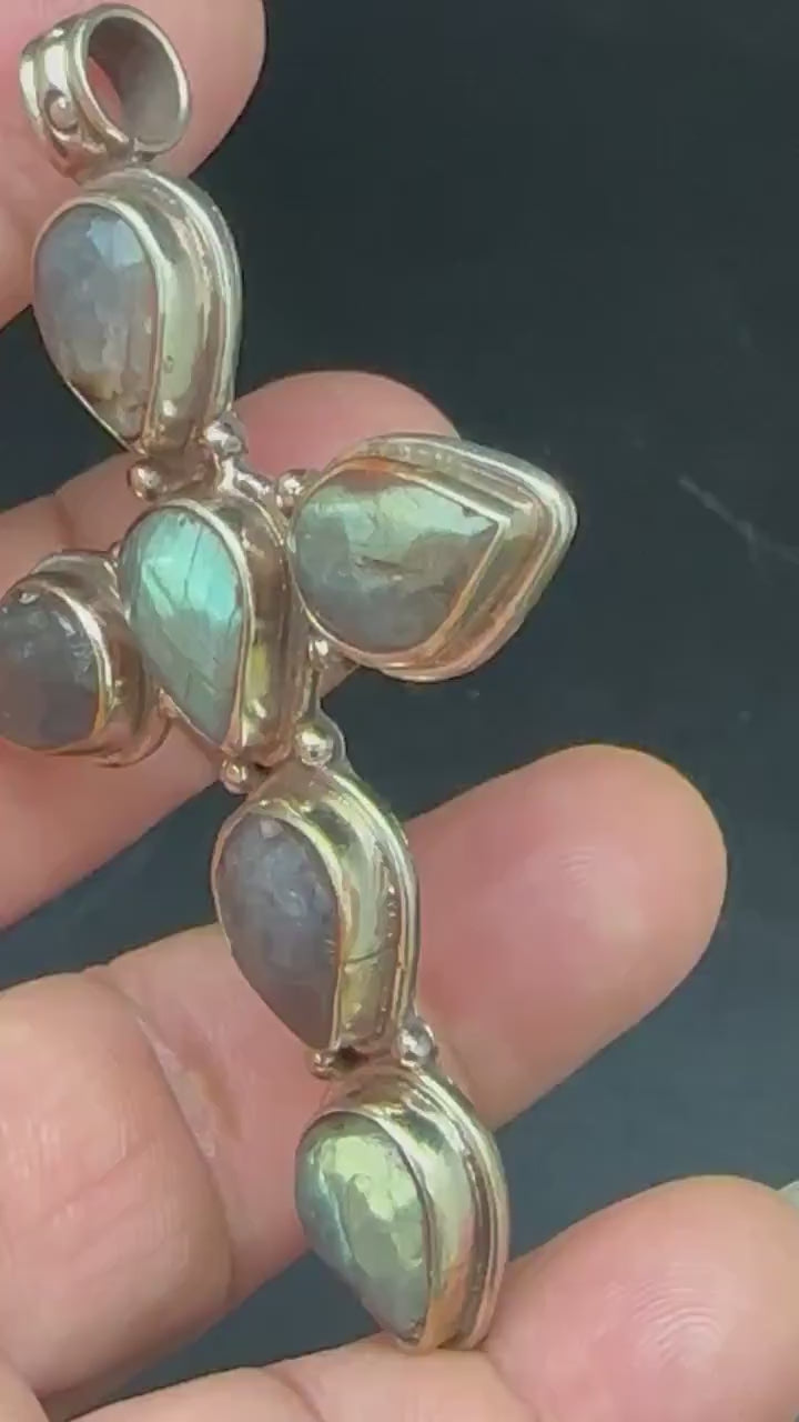 labradorite cross pendant, master handcrafted, Tibetan repousse silver,